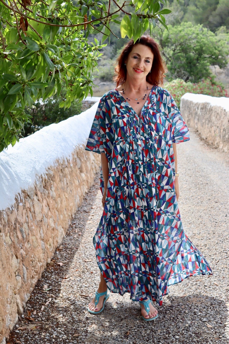 Boho summer dress, blue long kaftan dress, beach sun vacation vibes , plus size dress, hand block printed kaftan dress,beach cover up , image 2