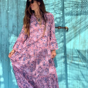 Bohemian flower printed maxi boho dress ,cotton tunica , beach fashion , resort wear ,Ibiza fashion , hippie chic, pink maxi dress ,tunic image 3