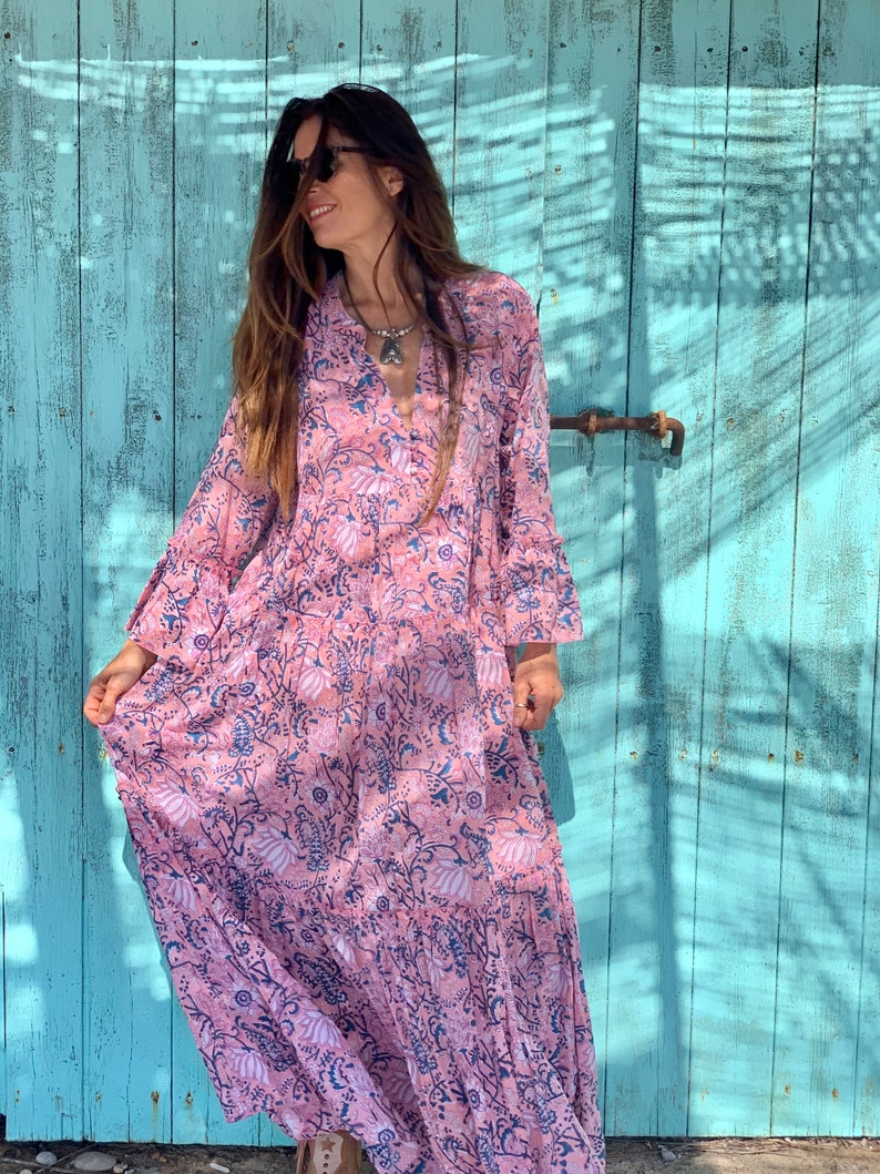 Bohemian flower printed maxi boho dress ,cotton tunica , beach fashion , resort wear ,Ibiza fashion , hippie chic, pink maxi dress ,tunic image 3