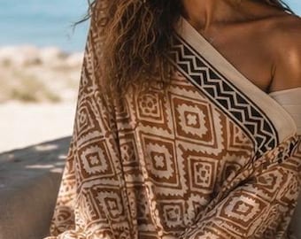 Hand Block Print Organic Cotton Sarong Shawl, with silver and beige