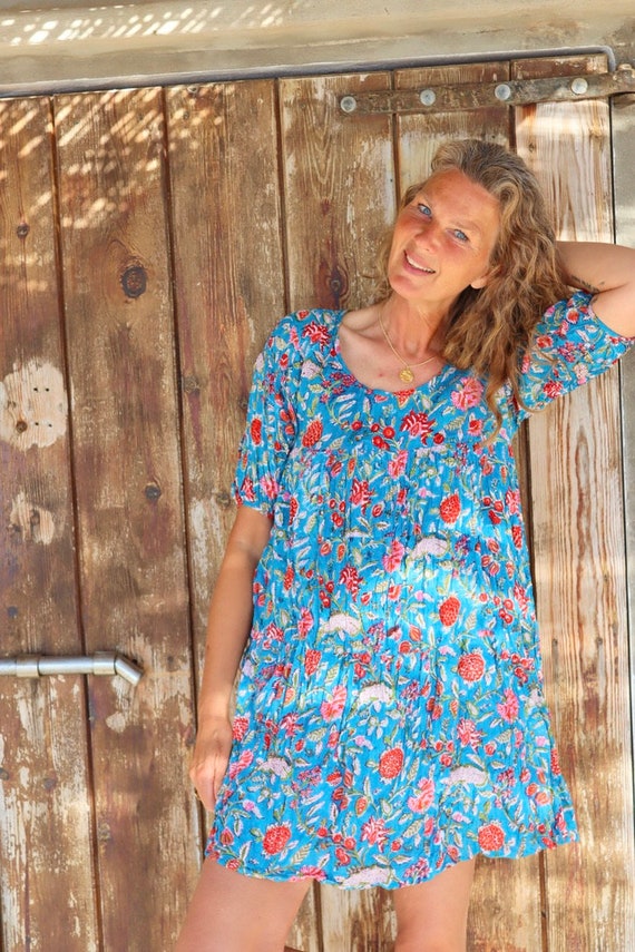 Bohemian Turquoise Floral Cotton Dress: Ibiza Beach Tunic