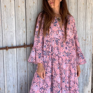 Bohemian flower printed maxi boho dress ,cotton tunica , beach fashion , resort wear ,Ibiza fashion , hippie chic, pink maxi dress ,tunic image 8