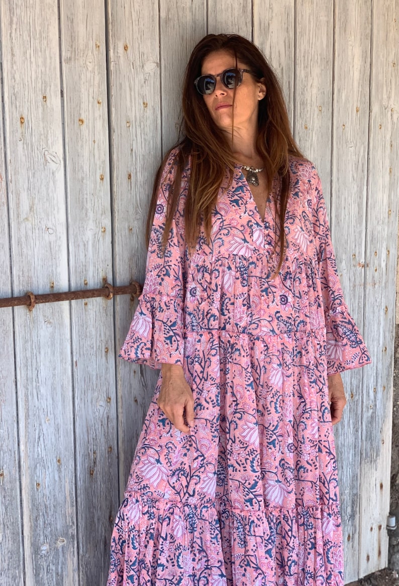 Bohemian flower printed maxi boho dress ,cotton tunica , beach fashion , resort wear ,Ibiza fashion , hippie chic, pink maxi dress ,tunic image 8