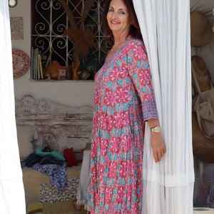 Plus size boho maxi dress made in handmade block print in fresh Mediterranean blue and white organic cotton image 6