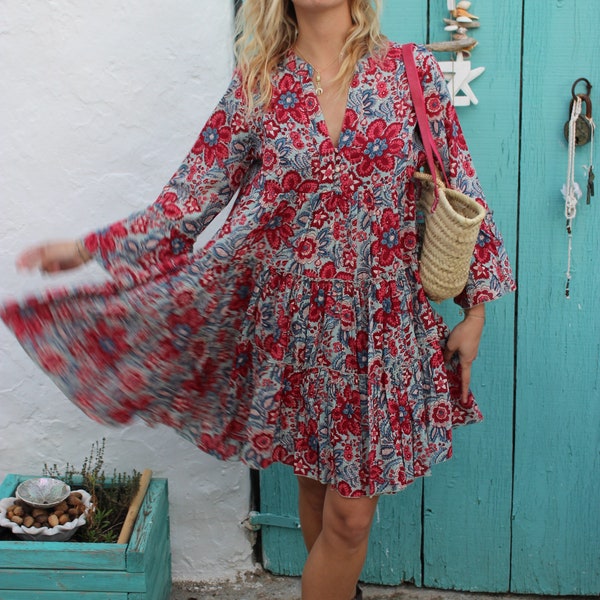 Tunica with  happy flower print Happiness made in hand block printed organic cotton , dress ,Ibiza fashion , hippie chic