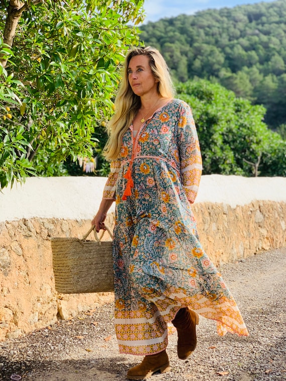 Ibiza Boho Hippie Summer Maxi Flower Dress Made With Hand Block