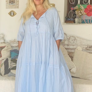 Boho blue maxi dress ,long dress finest muslin cotton with hand embroidery, plus-size summer dress , resortwear, cruise , holiday dress image 6