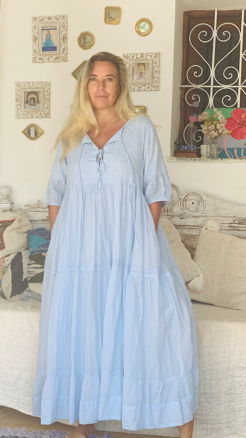 Boho blue maxi dress ,long dress finest muslin cotton with hand embroidery, plus-size summer dress , resortwear, cruise , holiday dress image 6