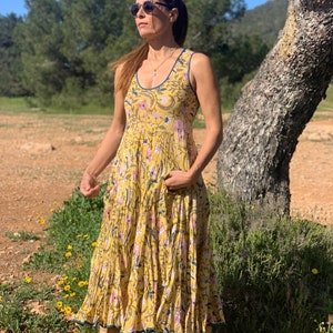 Sun Dress , Ibiza boho girl ,  yellow organic cotton sleeveless flower dress