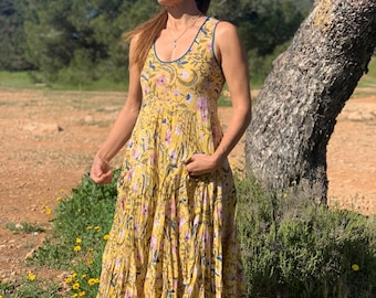 Sun Dress , Ibiza boho girl ,  yellow organic cotton sleeveless flower dress
