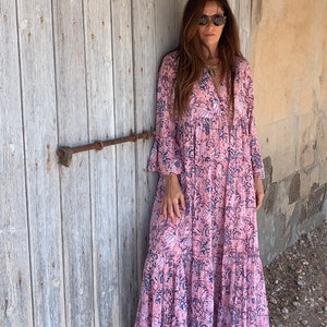 Bohemian flower printed maxi boho dress ,cotton tunica , beach fashion , resort wear ,Ibiza fashion , hippie chic, pink maxi dress ,tunic image 7