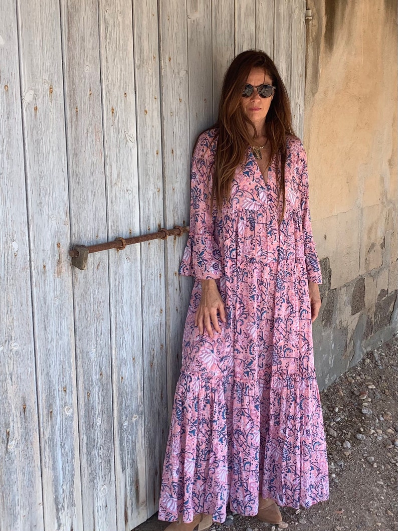 Bohemian flower printed maxi boho dress ,cotton tunica , beach fashion , resort wear ,Ibiza fashion , hippie chic, pink maxi dress ,tunic image 7