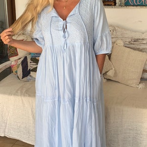 Boho blue maxi dress ,long dress finest muslin cotton with hand embroidery, plus-size summer dress , resortwear, cruise , holiday dress zdjęcie 8