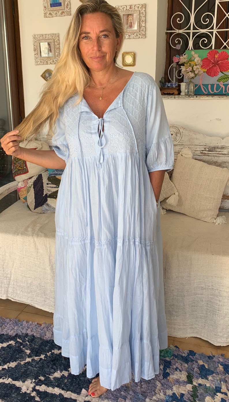 Boho blue maxi dress ,long dress finest muslin cotton with hand embroidery, plus-size summer dress , resortwear, cruise , holiday dress zdjęcie 8