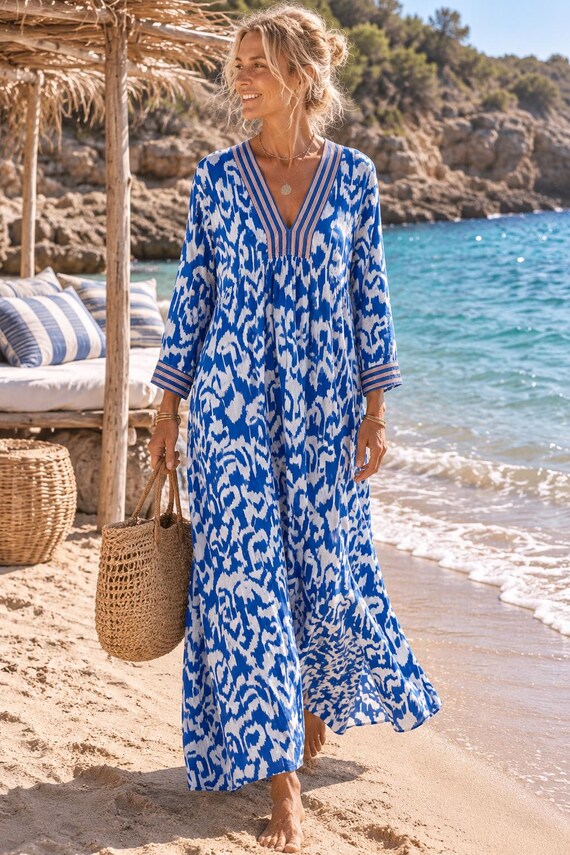 blue and white ikat dress Print Kaftan: Ocean Boho Maxi Dress, Organic Cotton Size:Dress Size Pants: 38 Where to Wear Farmers Yilda - Sleeveless Turtleneck Holiday Outfitting