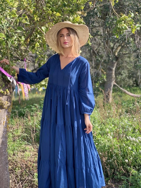 Indigo Blue Boho Maxi Dress: Organic Cotton A-line, Bishop Sleeves - Etsy