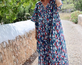 Boho summer dress, blue long kaftan dress, beach sun vacation vibes  , plus size dress,    hand block printed kaftan dress,beach cover up ,