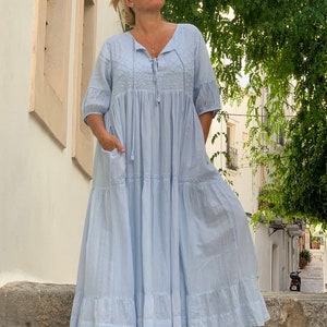 Boho blue maxi dress ,long dress finest muslin cotton with hand embroidery, plus-size summer dress , resortwear, cruise , holiday dress image 1