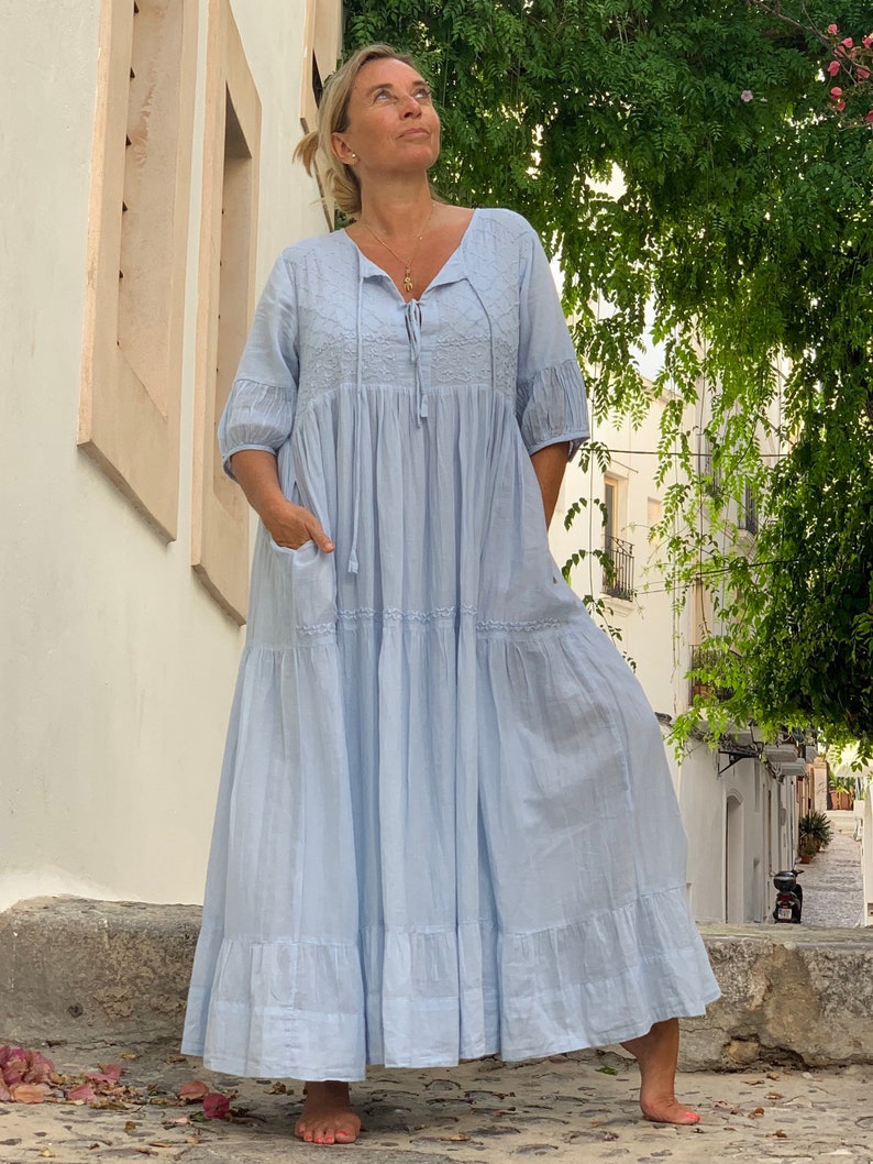 Boho blue maxi dress ,long dress finest muslin cotton with hand embroidery, plus-size summer dress , resortwear, cruise , holiday dress image 1