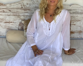 White Boho dress, Ibiza dress in   finest organic cotton with hand embroidery, plus-size white dress, resortwear, holiday dress , vacation