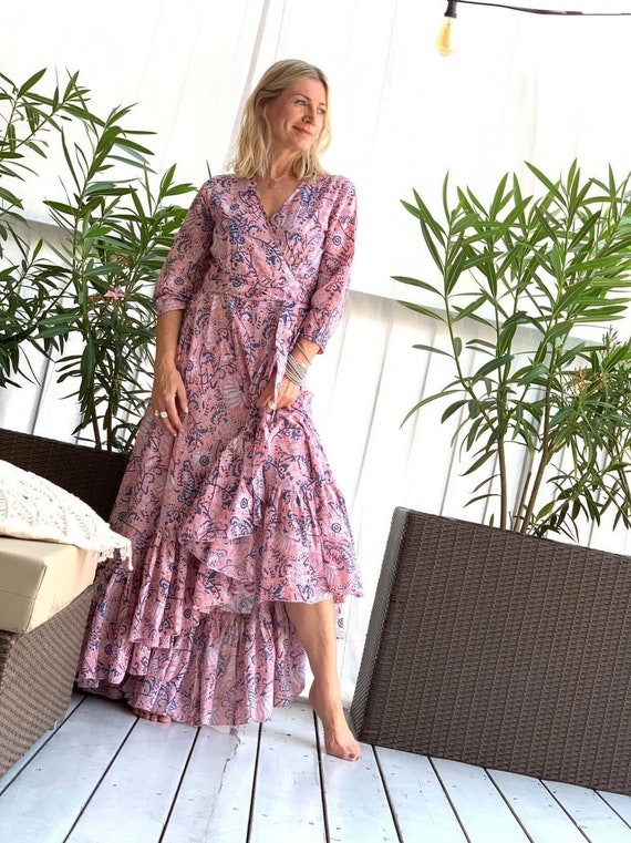 blue and pink wrap dress Floral Cotton Maxi Dress: & Hand Block Print Pinterest Black Dresses Pinterest long sleeves prom dresses Size:Tween Medium (7-8) length skirt Fabric