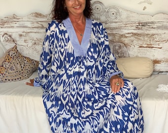 Ikat print Kaftan , maxi boho dress , ocean  blue  plus size boho dress