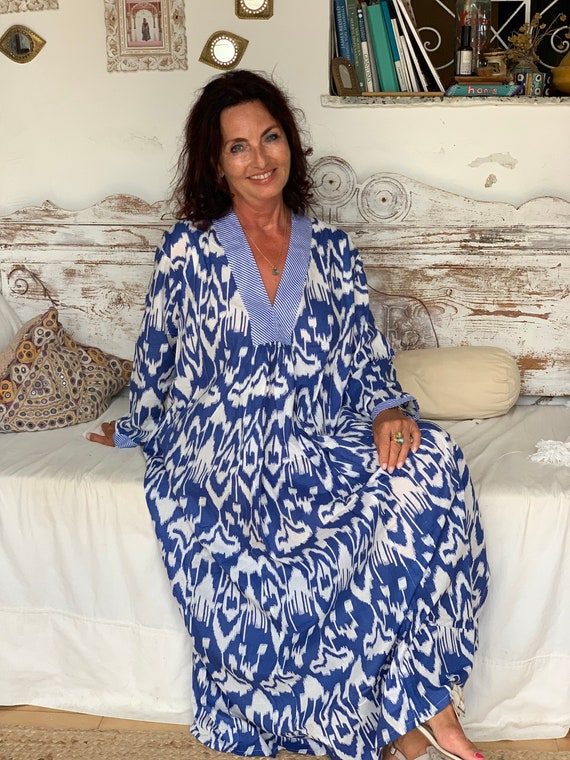 Ikat Print Kaftan: Ocean Blue Boho Maxi Dress, Organic Cotton ,USA kaftan Ikat Print Kaftan: Ocean Blue Boho Maxi Dress, Organic Cotton ,USA kaftan