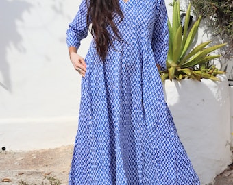 Blue and white  A shape , maxi boho cotton dress , plus size bohemian dress, elegant boho fashion for over 50 ,resortwear, vacation clothes