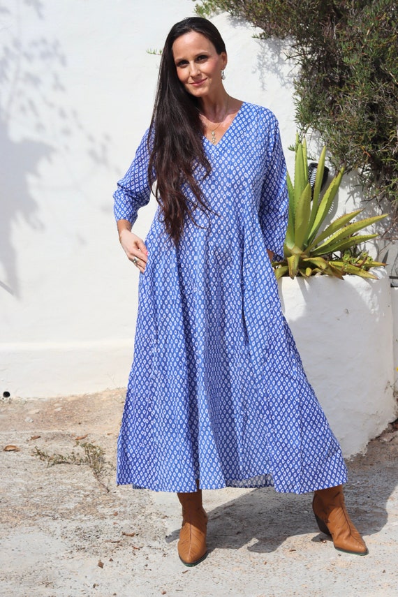 Blue & White Boho Maxi Dress: Hand Blockprint Organic Cotton Kaftan