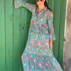 Bohemian flower printed maxi bohemian dress ,cotton  print tunica , beach fashion , resort wear  ,Ibiza fashion , hippie chic, mature woman