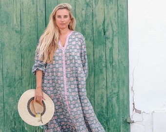 Long Boho  Summer Dress in joyful green and white hand-block cotton, plus size bohemian Ibiza fashion, resort wear , hippie dress ,tunica