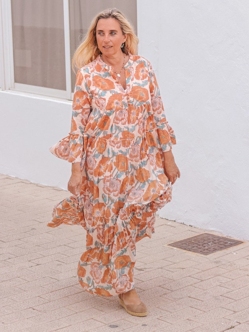 Bohemian flower printed maxi bohemian dress ,cotton print tunica , beach fashion , resort wear ,Ibiza fashion , hippie chic image 3