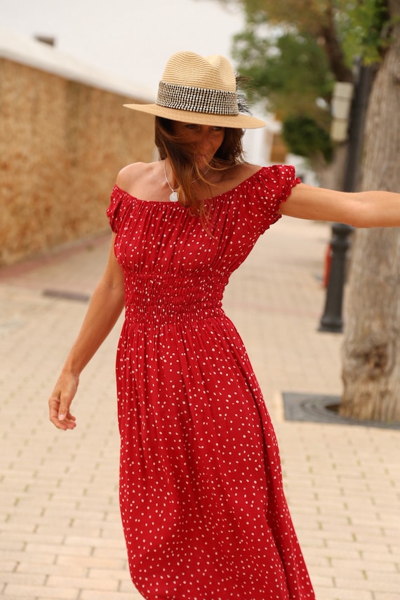 Red polka dot off the shop shoulder dress