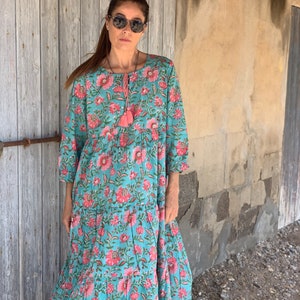 Floral Maxi  Boho  Summer Dress in joyful turquoise and pink flower, beachwear , plus size boho dress, maxi flower hippie dress , long dress