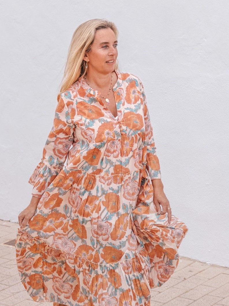 Bohemian flower printed maxi bohemian dress ,cotton print tunica , beach fashion , resort wear ,Ibiza fashion , hippie chic image 2