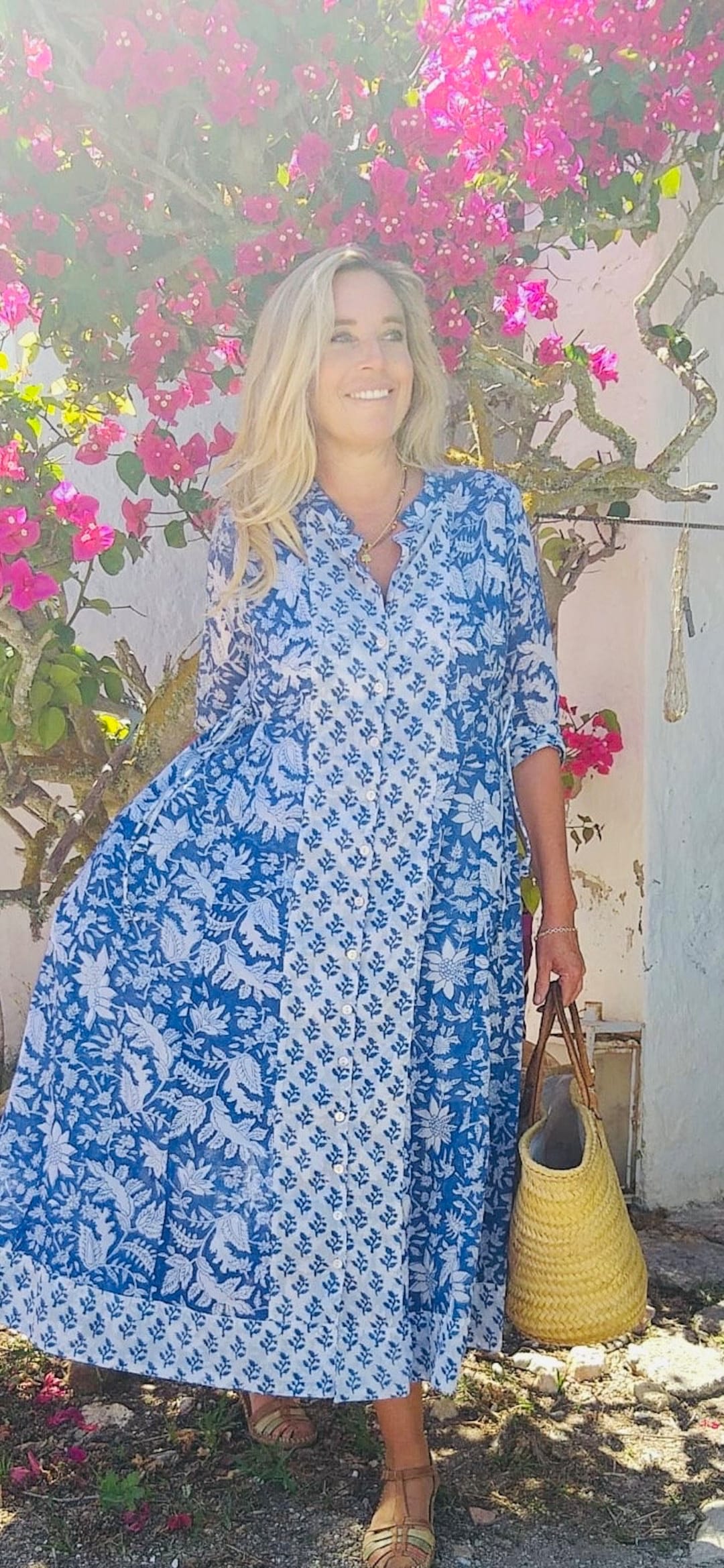 Bohemian Blue Floral Print Maxi Dress: Cotton Beach Cover-Up