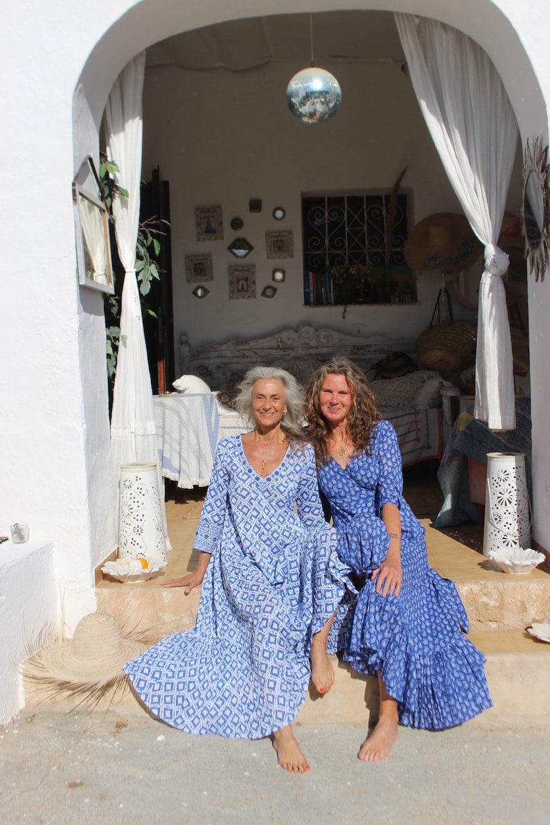 Plus size boho maxi dress kaftan , made in handmade block print in blue and white print image 5