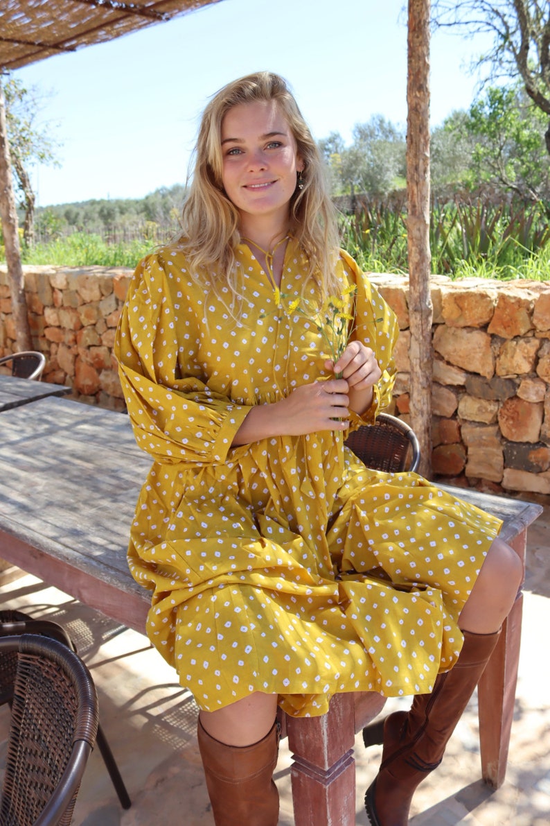 Yellow style boho beach fashion,maxi long bohemian dress made in hand block printed cotton ,sun flower print,plus size boho flower dress, image 7