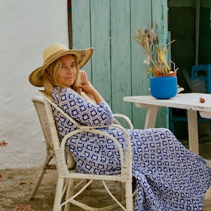 Plus size boho maxi dress kaftan , made in handmade block print in blue and white print image 10