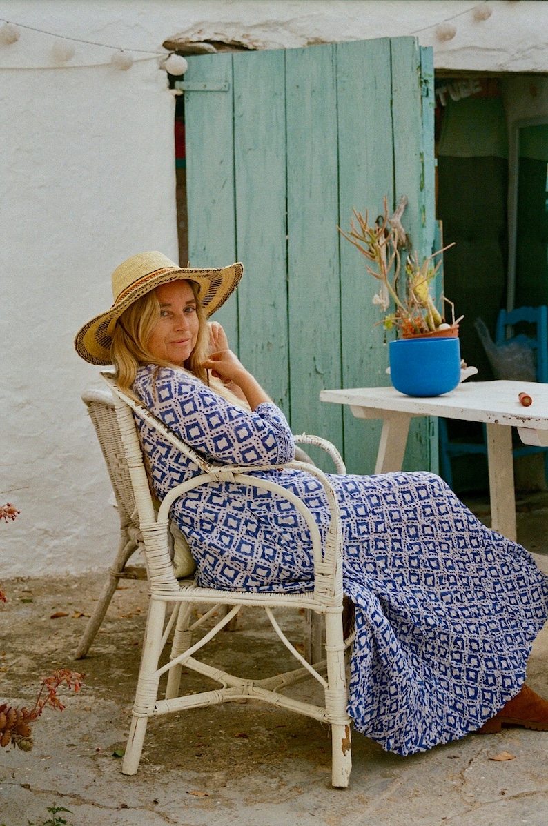 Plus size boho maxi dress kaftan , made in handmade block print in blue and white print image 10