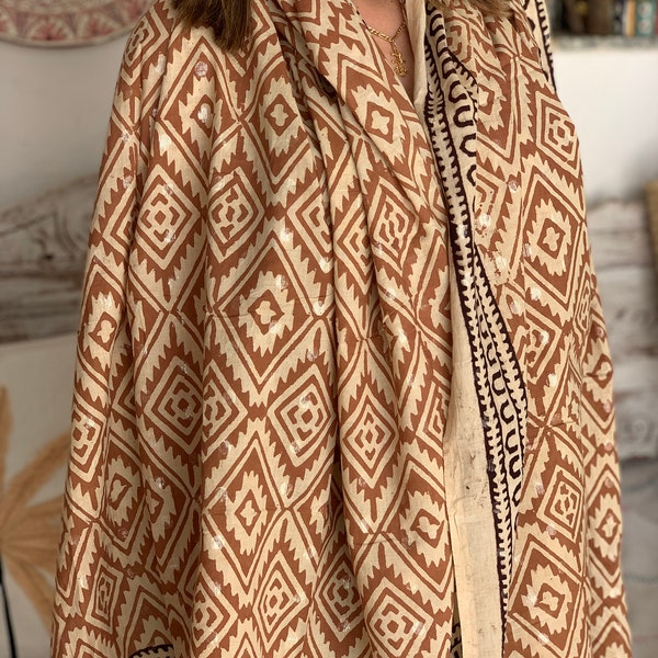 Big size Sarong -Pareo , shawl in ethnic natural hand block print organic cotton, geometric print beach cover up, lungi ,pool dress