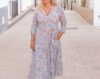 Hand Blockprint Muslin Cotton Dress: Bohemian Floral Resortwear
