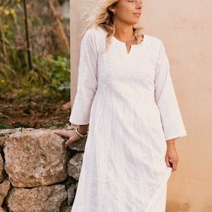 White chic  boho cotton dress with full hand embroidery, white kundalini yoga dress, exclusive wear dress, white boho wedding tunica, kaftan