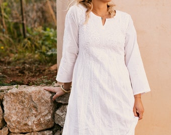 White long  boho cotton dress with full hand embroidery, white kundalini yoga dress, exclusive wear dress, white boho wedding tunica, kaftan