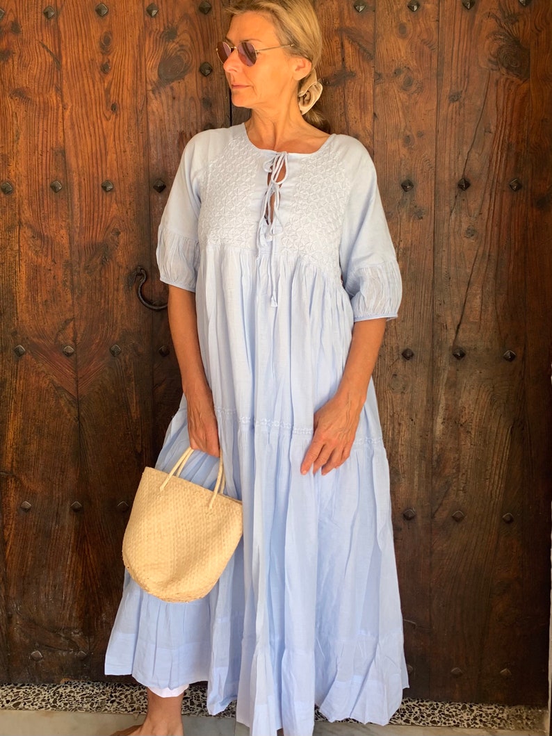 Boho blue maxi dress ,long dress finest muslin cotton with hand embroidery, plus-size summer dress , resortwear, cruise , holiday dress zdjęcie 9