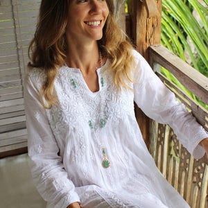 White Ibiza boho  tunic dress in muslin  natural cotton  hand embroidery, vacation boho  dress, yoga retreat woman clothingplus size dress,