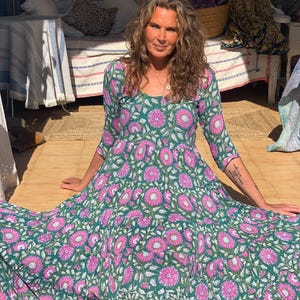 Boho flower dress made in hand block cotton print , feminine sun dress plus size bohemian sundress for vacation and beach dress  for her