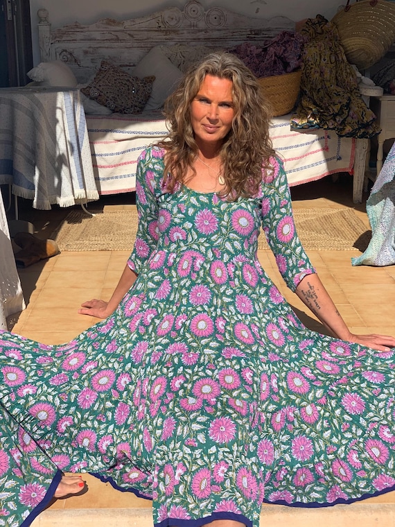 Hand Block Printed Cotton Dress: Emerald Green Floral Boho Sundress - Etsy  UK