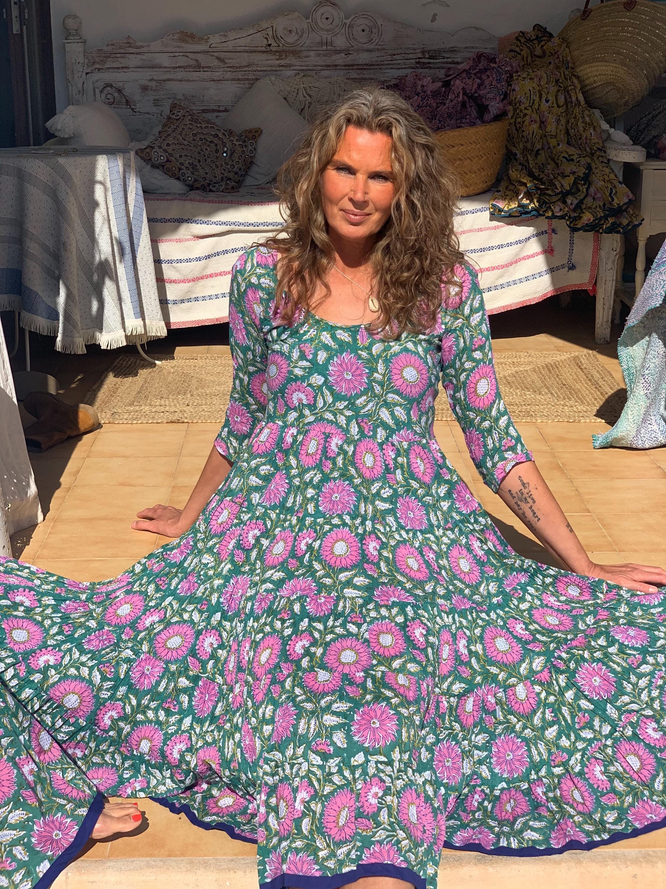 Hand Block Printed Cotton Dress: Emerald Green Floral Boho