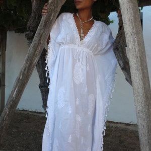 White Ibiza long kaftan with hand embroidery,white long beach boho dress,pool party dress, maxi long white dress, Ibiza dress ,beachwear